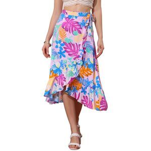 Tropical Floral Print Ruffle Self Tie Knot Split Wrap Midi Skirt Pink